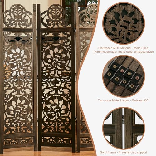 Wood Carved Room Divider 4 Panel Folding Screen Z937290