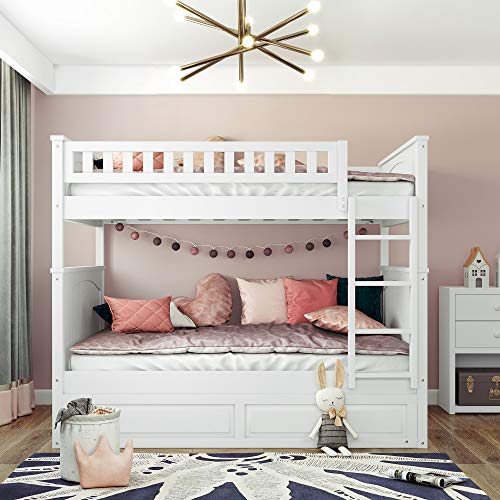 Twin Over Full Bunk Bed with Slide and Stairs for Kids E212