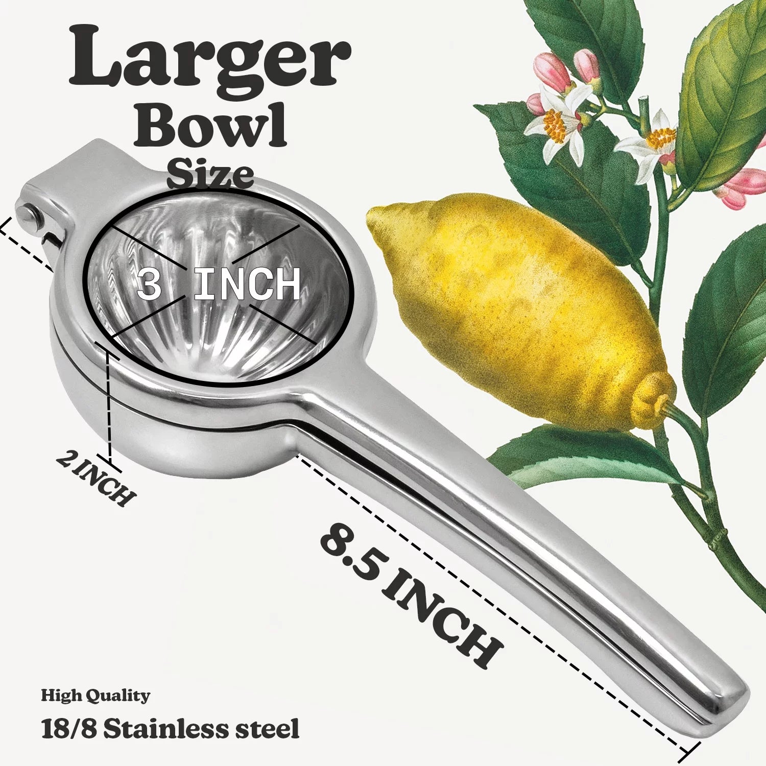 Washable Lemon Squeezer Stainless Steel with Large Bowl and Stable Grip V624
