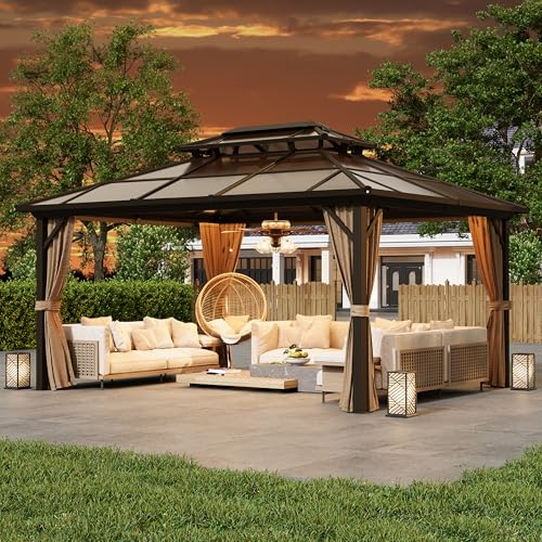 10'x13' Hardtop Gazebo with Polycarbonate Double Roof, Aluminum Frame, Curtains and Netting N263