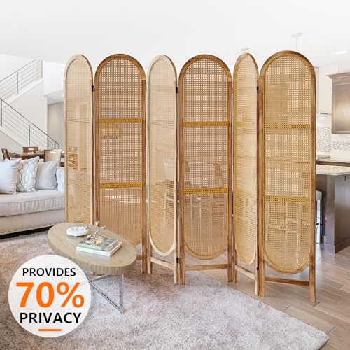 Foldable Wooden Room Divider with Hand-Woven Rattan Panels X6131