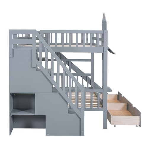 Kids Bunk Bed with Stairs and Slide, Twin Over Twin, Gray E77813