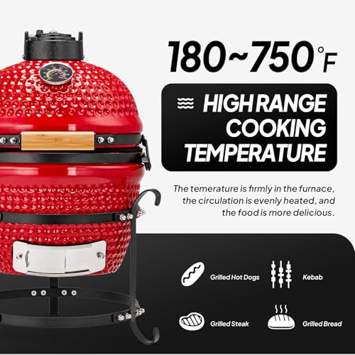 Red Spherical Ceramic Charcoal Grill, Portable BBQ Smoker for Outdoor Cooking U407