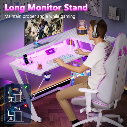 L Shaped Gaming Desk with Power Outlet and LED Lights T64283
