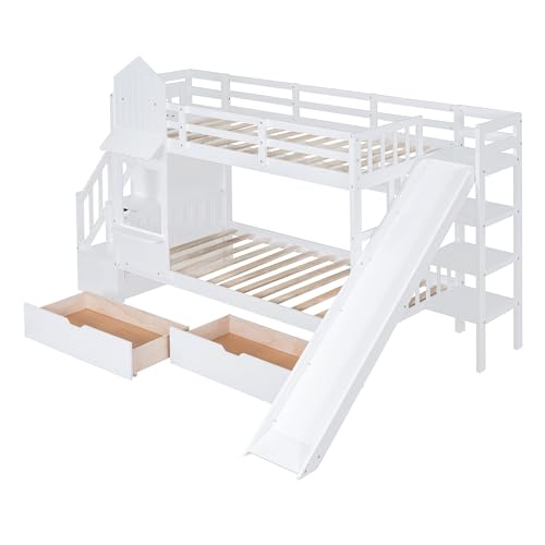 Kids Bunk Bed with Stairs and Slide, Twin Over Twin, Gray E77813
