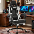 Gaming Chair for Adults and Teens, Ergonomic Leather Video Game Chairs with Footrest, Wide Seat, Reclining Back, Neck & Lumbar Support, Adjustable Swivel Computer Desk Chair, Black/White