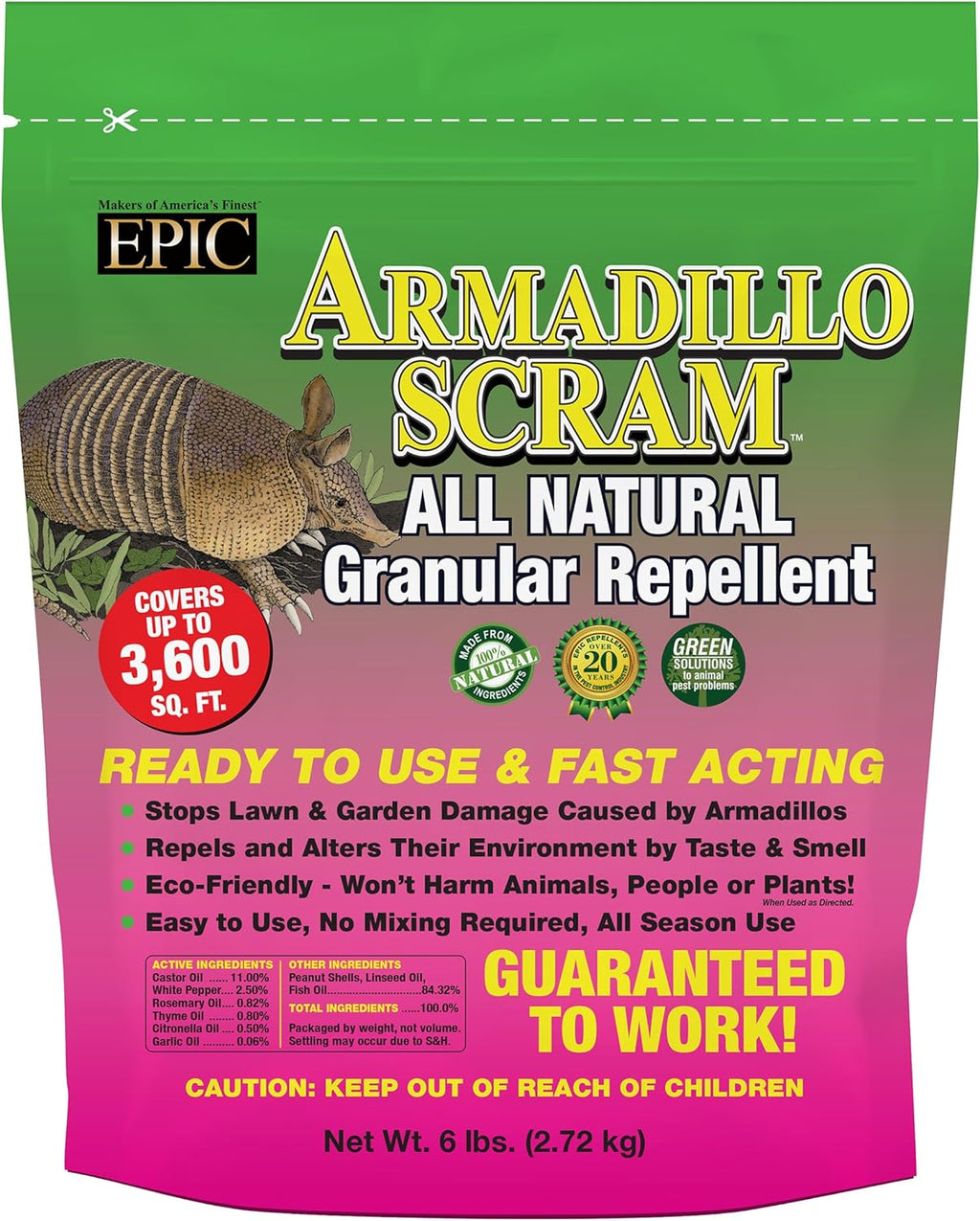 EPIC REPELLENTS 17006 Armadillo Scram All Natural, Animal, People and Pet Safe Granular Repellent, Pack of 1, Removed Attribution, 96 Ounce