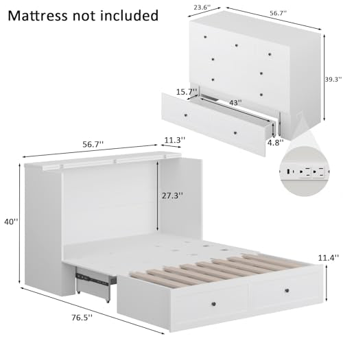 Murphy Bed with Storage and Charging Station, Foldable Panel, for Guest Bedroom, Living Room, Office V324