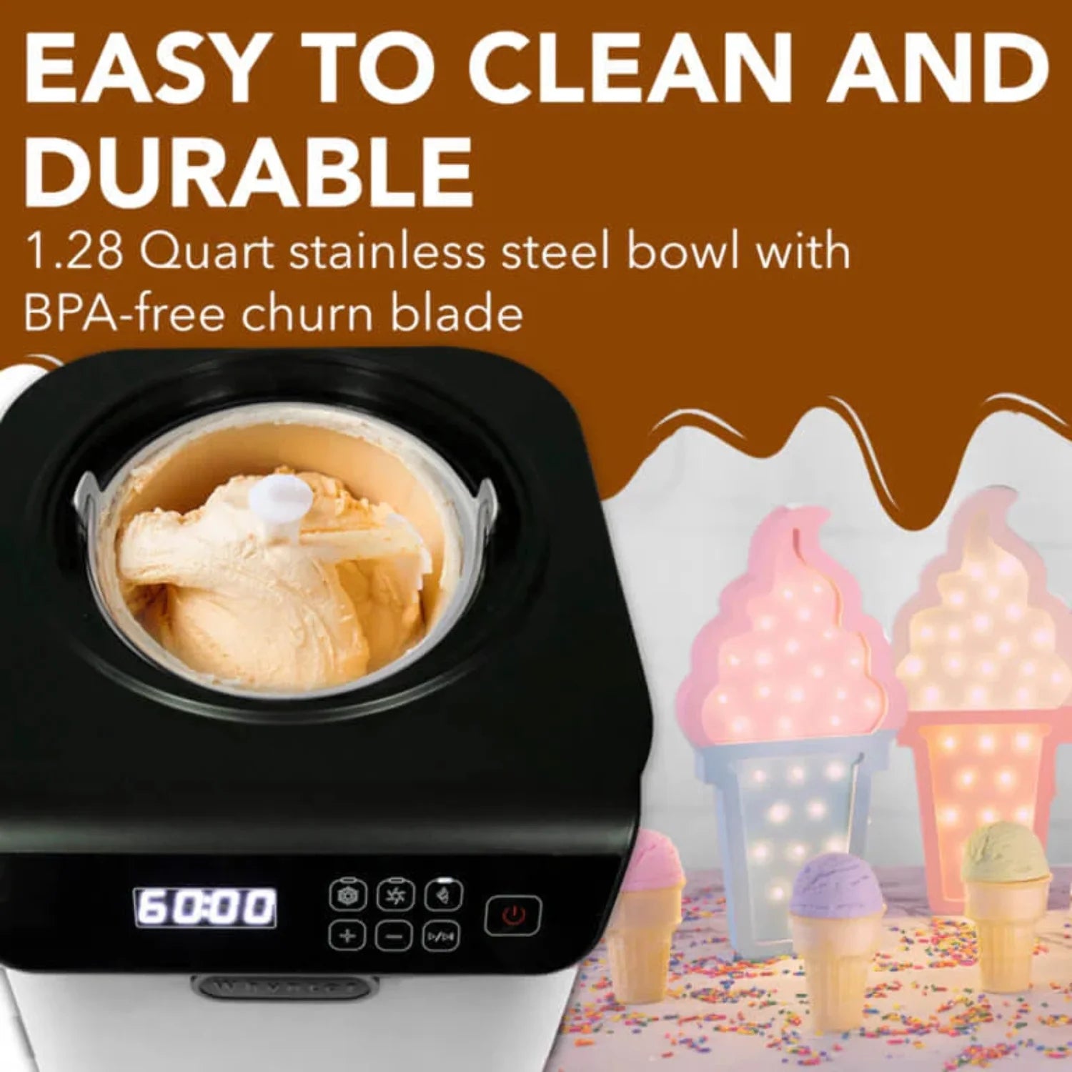 Compact Upright Automatic Ice Cream Maker with Stainless Steel Bowl I49903