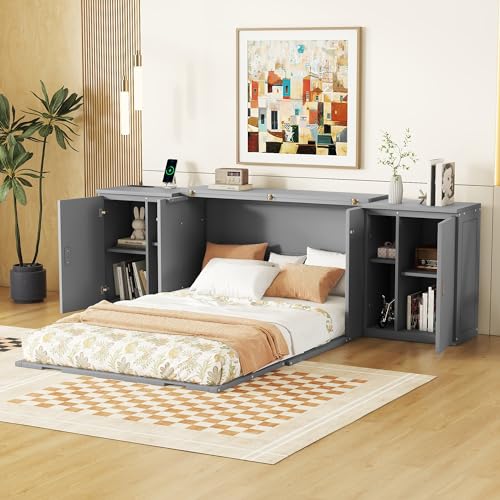 Murphy Bed Chest with Shelves, Foldable Wood Platform Bed Frame I45495