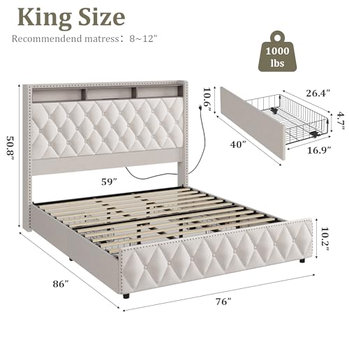 Queen Bed Frame with Tall Headboard, Velvet Upholstered, 4 Storage Drawers U913671