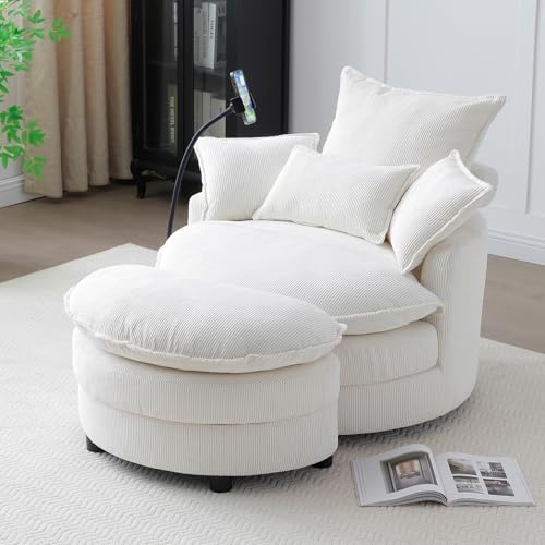 Swivel Accent Sofa Chair with Phone Holder & Storage Ottoman, Corduroy, Beige R7636
