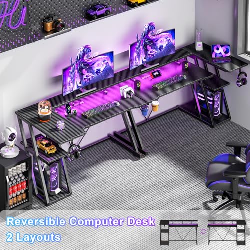 L Shaped Gaming Desk with Power Outlet and LED Lights T64283