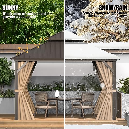 10 x 10 ft Hardtop Gazebo with Netting and Curtains, Galvanized Steel Roof for Patio and Garden X50618
