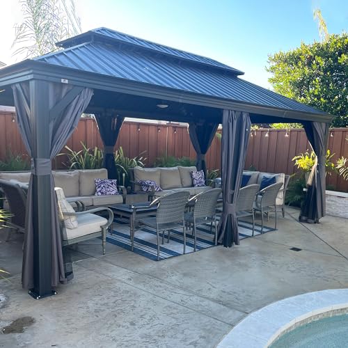 10' x 14' Permanent Hardtop Gazebo with Galvanized Steel Double Roof, Curtains and Netting Included M96664