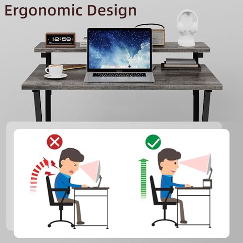 Small Desk with Adjustable Monitor Stand for Small Spaces, Grey D8453