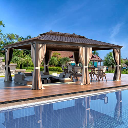 12x16 ft Hardtop Gazebo with Galvanized Steel Roof, Curtains and Netting V821