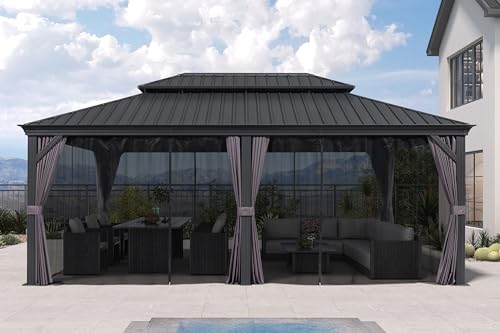 10' x 14' Permanent Hardtop Gazebo with Galvanized Steel Double Roof, Curtains and Netting Included M96664