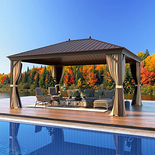 12x16 ft Hardtop Gazebo with Galvanized Steel Roof, Curtains and Netting V821