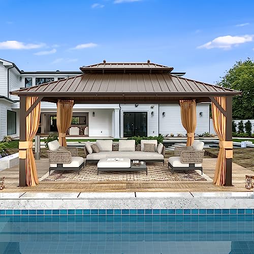 10'x13' Hardtop Gazebo with Polycarbonate Double Roof, Aluminum Frame, Curtains and Netting N263