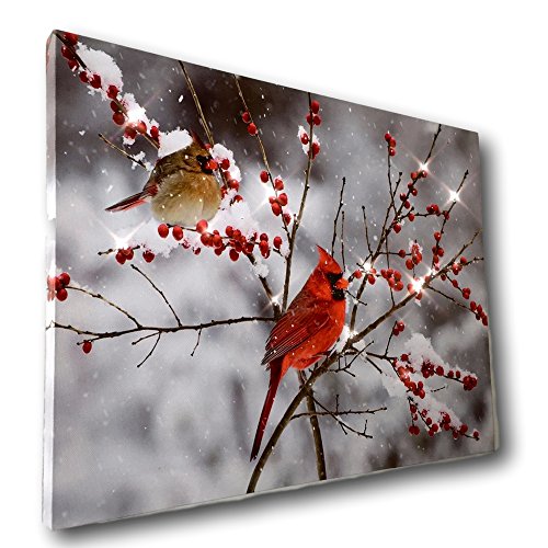 LED Cardinals Canvas Print with Holiday Berries P627