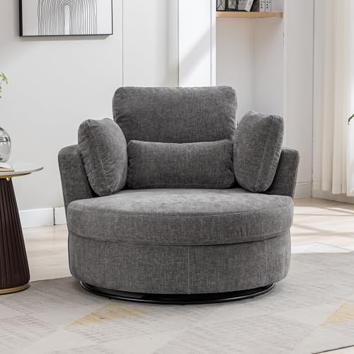 Oversized Swivel Barrel Chair with Ottoman, Chenille, Beige X252712