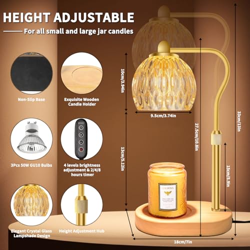 Candle Warmer Lamp with 3 Bulbs, Timer, Dimmable Height for Jar Candles C6036
