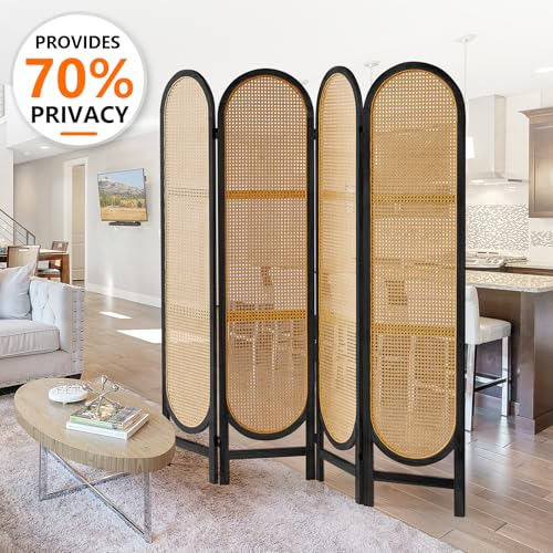 Foldable Wooden Room Divider with Hand-Woven Rattan Panels X6131