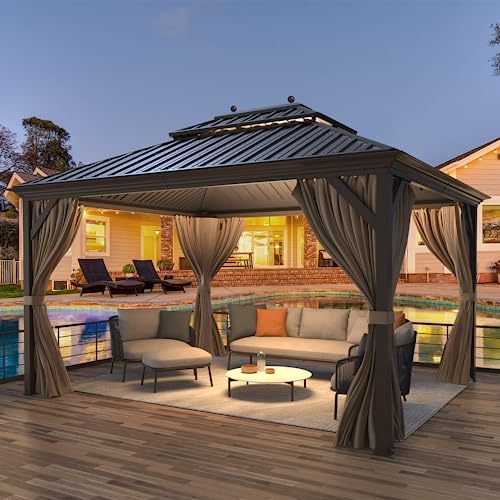 12x16 ft Hardtop Gazebo with Galvanized Steel Roof, Curtains and Netting V821