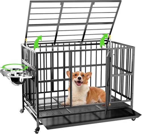 48" Heavy-Duty Dog Crate with Wheels and Dual Adjustable Bowls F169