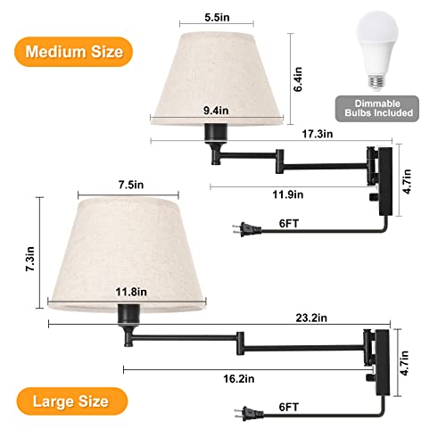 Wall Sconces Plug in, Remote Control Dimmable, Swing Arm Wall Lights with Fabric Shade, 2 Pack Z41784