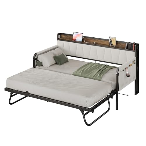 Daybed with Trundle and Storage Headboard, Twin Size, Grey M473750