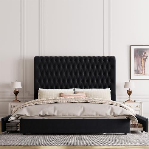 Velvet Upholstered King Bed Frame with Tall Headboard and Storage Drawers L58367