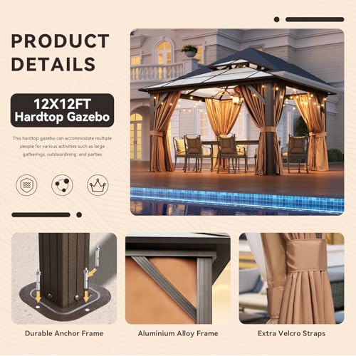12x16 Hardtop Gazebo with Netting and Curtains, Aluminum Frame, Polycarbonate Roof N71921