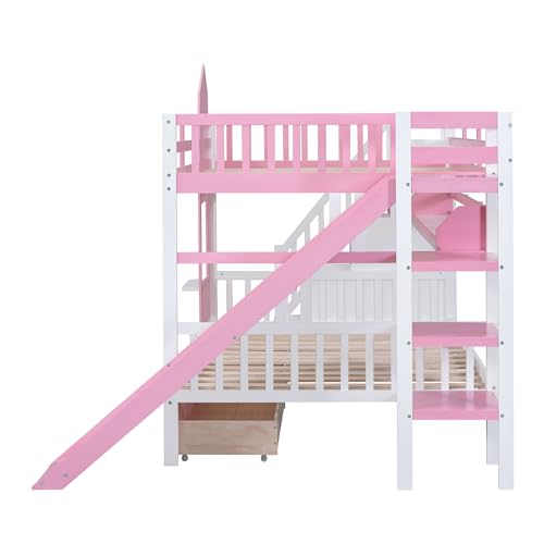 Twin Over Twin Bunk Bed with Stairs and Slide, Solid Wood Frame with Storage Y2445