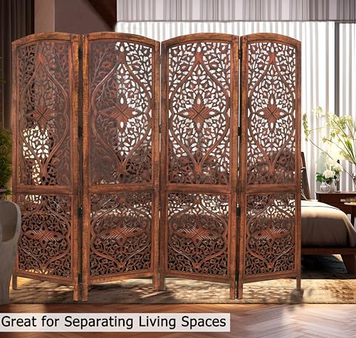 4 Panel Folding Wood Room Divider, Antique Brown, 72 x 80 L396608
