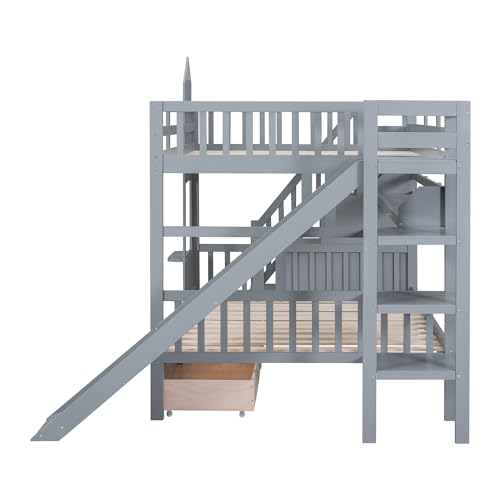 Twin Over Twin Bunk Bed with Stairs and Slide, Solid Wood Frame with Storage Y2445