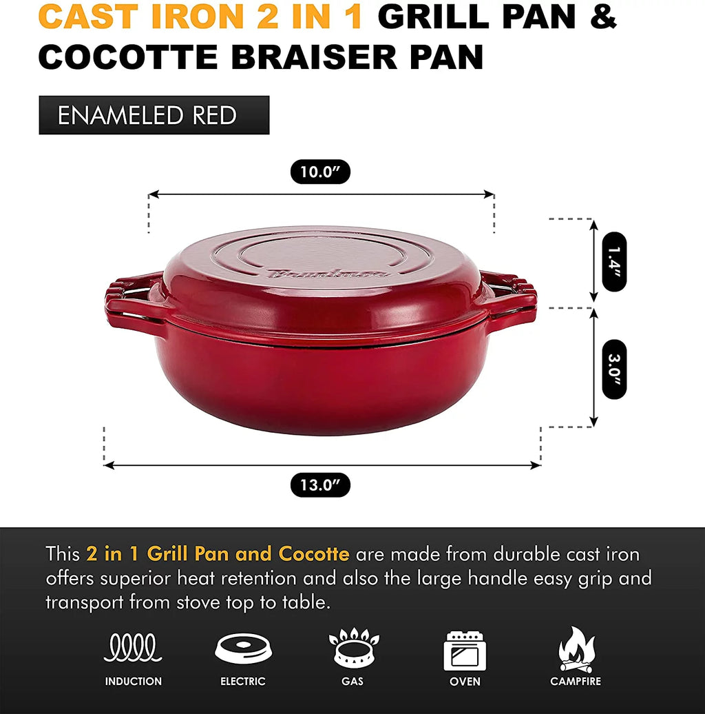 Enameled Cast Iron Cocotte Double Braiser Pan with Grill Lid P157487