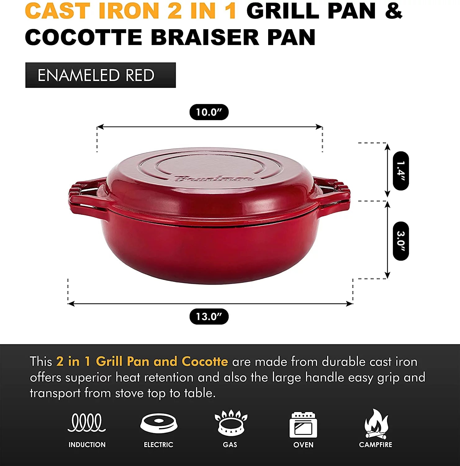 Enameled Cast Iron Cocotte Double Braiser Pan with Grill Lid P157487
