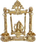 Brass Ganesh Jhula with Diya Hanging Ganesha Swing Statue Ganpati Jhoola Kirtimukha Idol Murti for Home Décor Office Mandir Gift 9 Inch