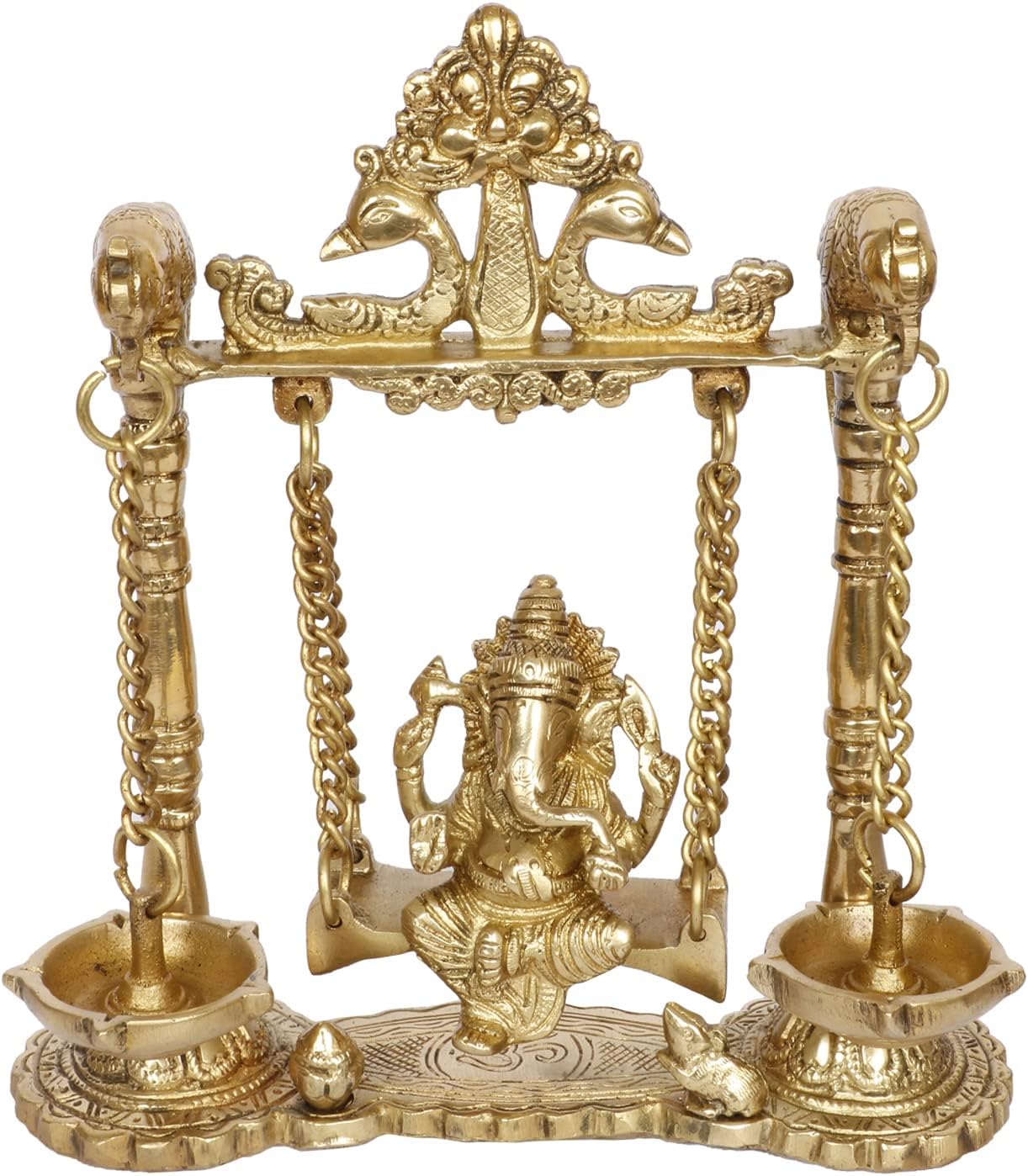 Brass Ganesh Jhula with Diya Hanging Ganesha Swing Statue Ganpati Jhoola Kirtimukha Idol Murti for Home Décor Office Mandir Gift 9 Inch