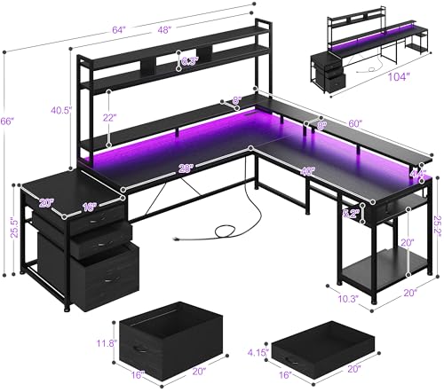 L Shaped Gaming Desk with Storage Shelves and LED Light U926701