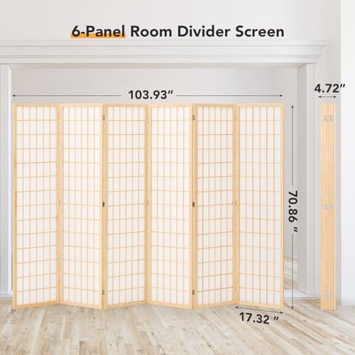 6 Panel Folding Shoji Screen Room Divider, 5.9 Ft, Natural J6469