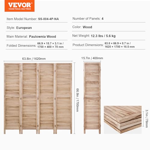 Wood Room Divider, 4 Panel Folding Privacy Screen, 66.9 Inches Tall, Indoor Wooden Partition A907