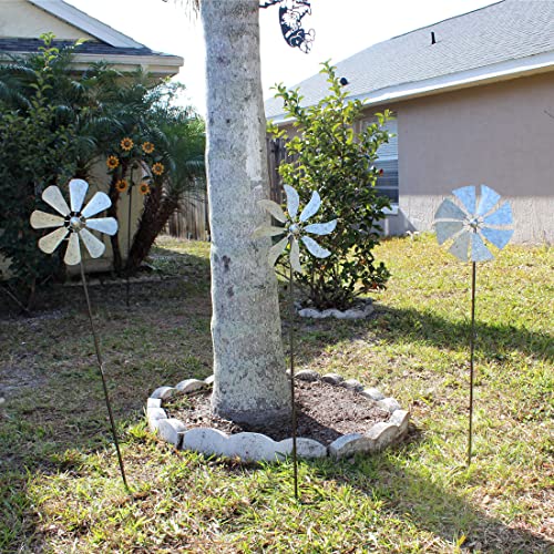 Set of 3 Galvanized Grey Windmill Garden Stakes, 41 Inches P5411