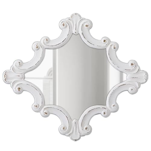 Distressed White Carved Wood Wall Mirror, 21x24 Inch, Farmhouse Style Y98281