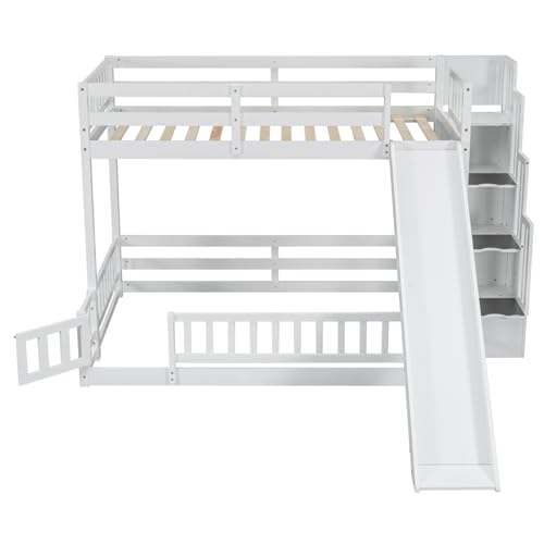 Twin Over Full Bunk Bed with Slide and Storage Stairs C57577