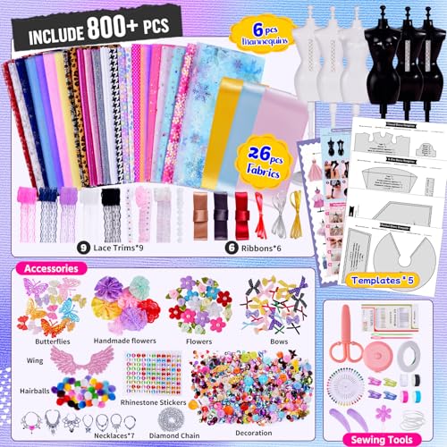 Fashion Designer Kit for Girls with 6 Mannequins, Arts and Crafts Sewing Kit for Kids Ages 8-12 H249