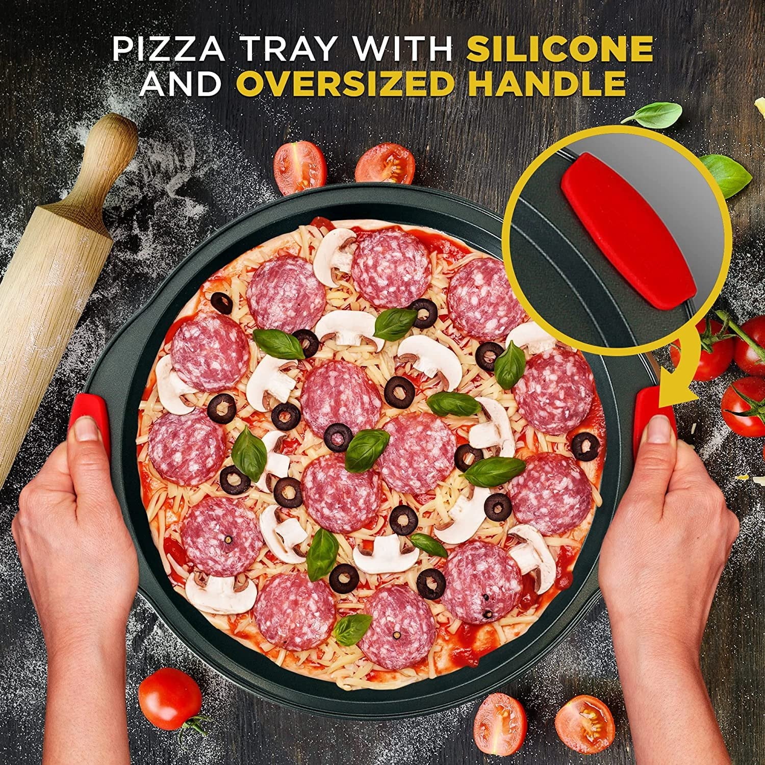 Non-Stick Round Pizza Pan with Perforated Holes and Silicone Handle O511207