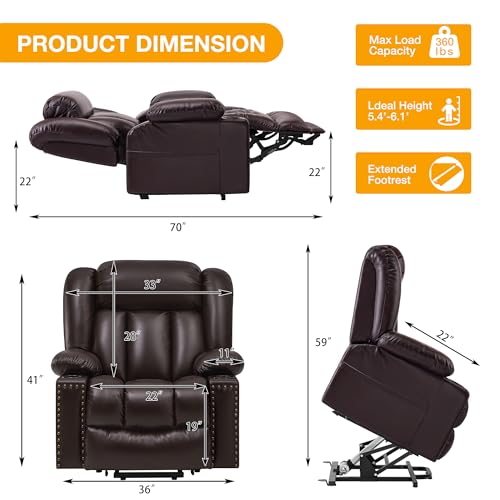 Large Power Lift Recliner Chair for Elderly with Heat and Massage, USB Port, Dark Brown A742
